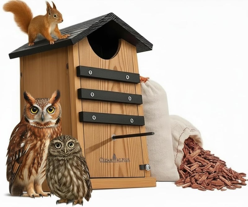 CEDAR ALPHA Cedar Screech Owl House Box, Squirrel Nesting Shelter, Large Cedar Bird House for Outside, Rustic Big Birdhouse,Nesting Shelter Nester Heavy Duty, Stainless Steel Perch,Assemble Needed - Image 1