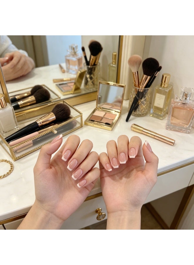 24PCS Short Square French Press On Nails, Nude Pink Base White Tip Fake Nails, Glossy Natural Acrylic False Nails, Full Cover Reusable Stick On Nails with Nail Kit, Classic French Manicure for Women Daily Wear, With toolkit - Image 2