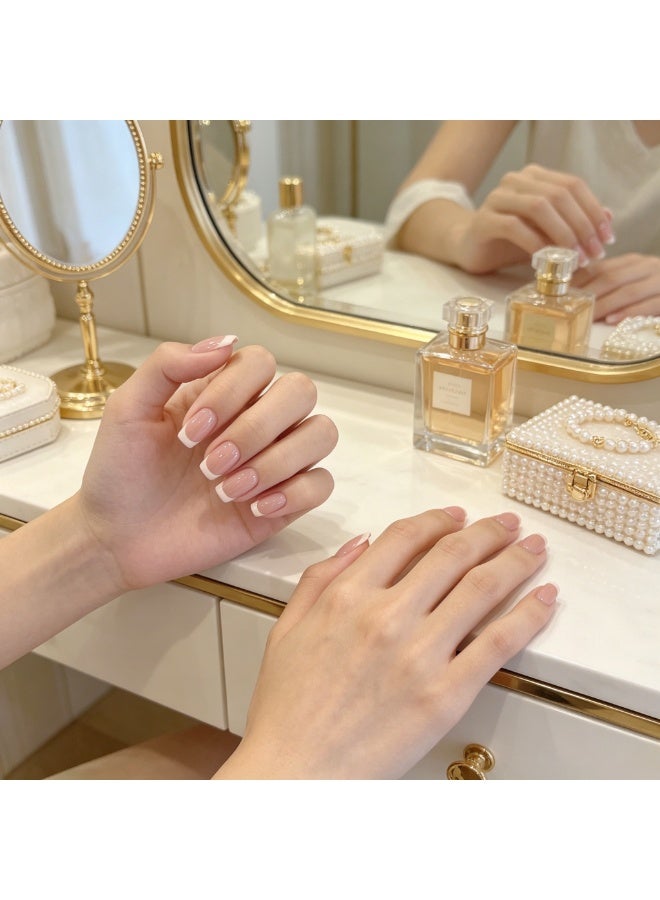 24PCS Short Square French Press On Nails, Nude Pink Base White Tip Fake Nails, Glossy Natural Acrylic False Nails, Full Cover Reusable Stick On Nails with Nail Kit, Classic French Manicure for Women Daily Wear, With toolkit - Image 3