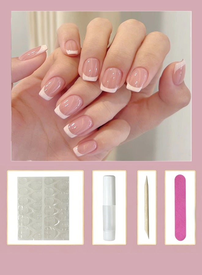 24PCS Short Square French Press On Nails, Nude Pink Base White Tip Fake Nails, Glossy Natural Acrylic False Nails, Full Cover Reusable Stick On Nails with Nail Kit, Classic French Manicure for Women Daily Wear, With toolkit - Image 4