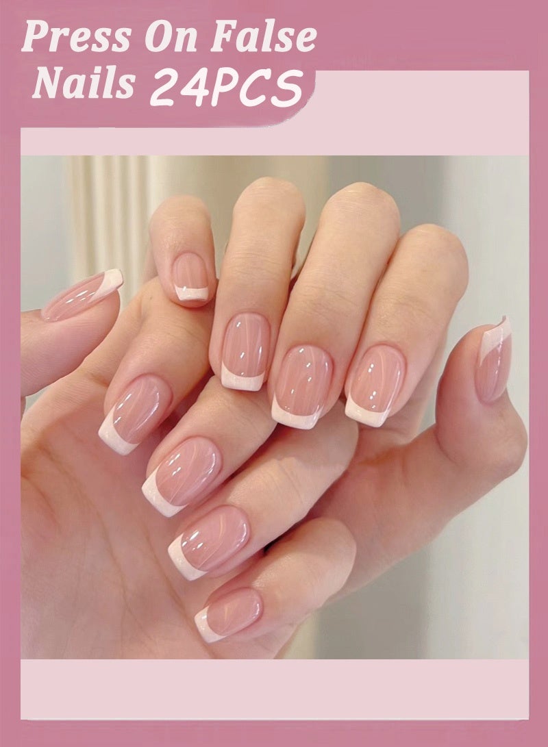 24PCS Short Square French Press On Nails, Nude Pink Base White Tip Fake Nails, Glossy Natural Acrylic False Nails, Full Cover Reusable Stick On Nails with Nail Kit, Classic French Manicure for Women Daily Wear, With toolkit - Image 1