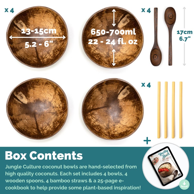 Jungle Culture 4 Polished Coconut Bowl and Wooden Spoons Set with Bamboo Straws  Smoothie Bowls  Healthy Choice Natural Coco Shell Acai & Buddha Bowls  Eco Friendly Vegan Gifts - Image 2