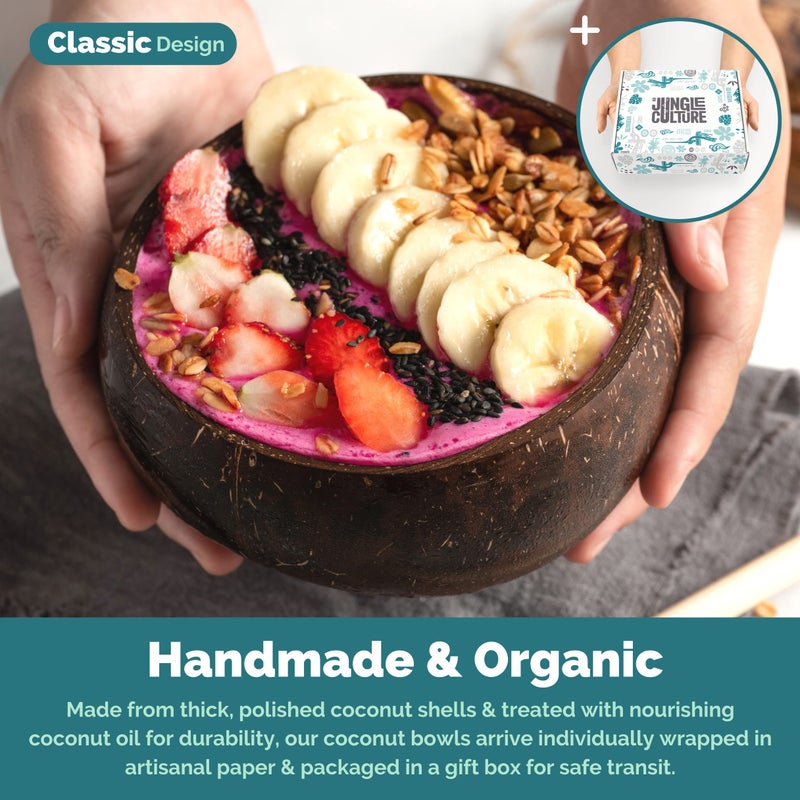 Jungle Culture 4 Polished Coconut Bowl and Wooden Spoons Set with Bamboo Straws  Smoothie Bowls  Healthy Choice Natural Coco Shell Acai & Buddha Bowls  Eco Friendly Vegan Gifts - Image 3