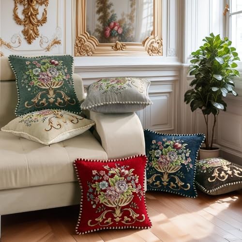 Qupace Set of 2 Brown Vintage Embroidered Throw Pillow Covers 18x18in，Floral Embroidered Cushion Cover for Sofa Couch Bed Burgandies Pillow Cover Brown - Image 2