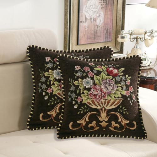 Qupace Set of 2 Brown Vintage Embroidered Throw Pillow Covers 18x18in，Floral Embroidered Cushion Cover for Sofa Couch Bed Burgandies Pillow Cover Brown - Image 1