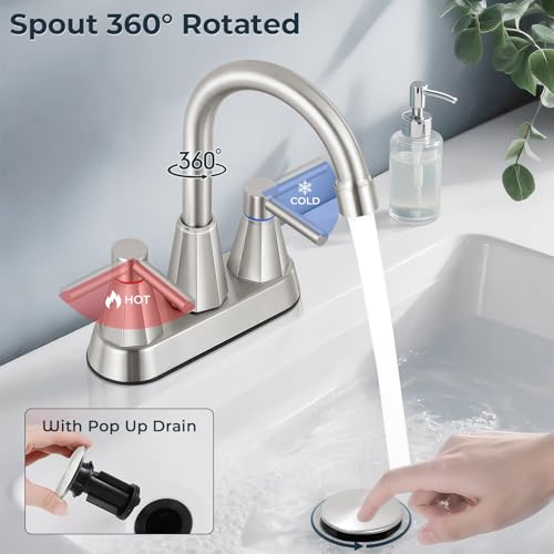 KHQF 4 inches Bathroom Faucet for 3 Hole,2-Handle Bathroom Sink Faucets with Pop Up Drain (Brush Nickel) - Image 5