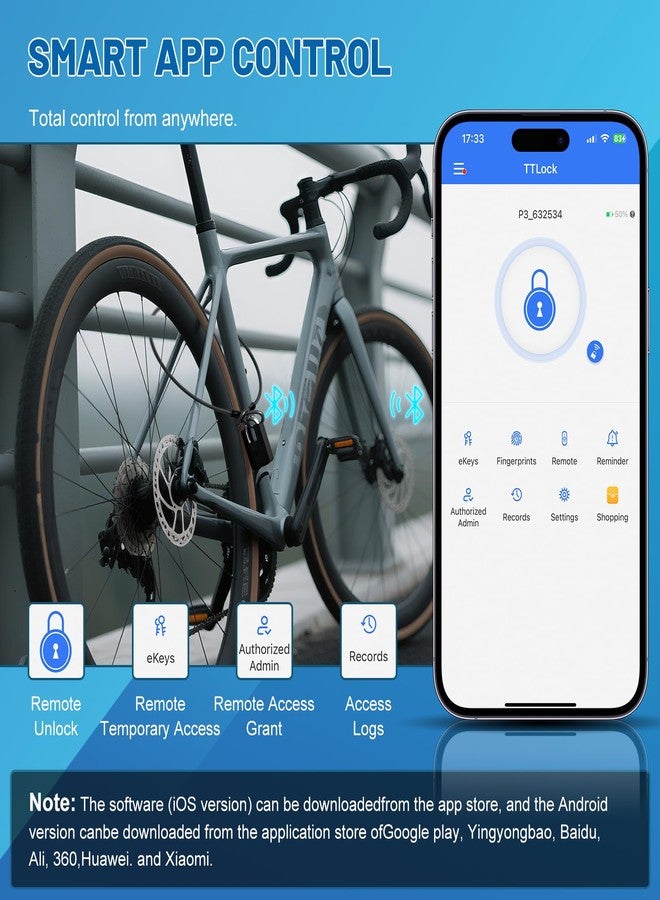 APECYC Fingerprint Bike U Lock with Cable, Heavy Duty Anti Theft Smart Lock - Image 4