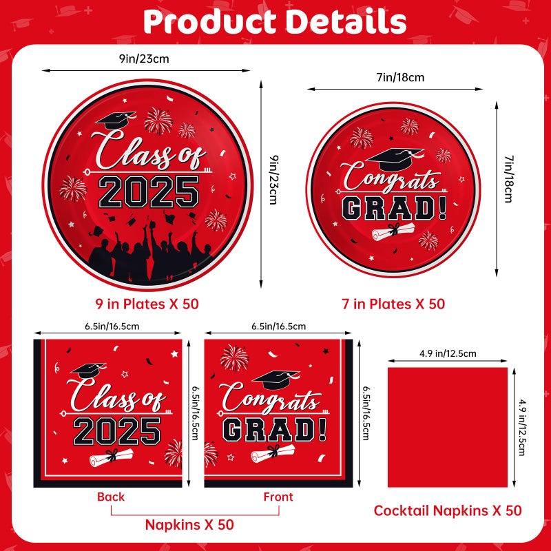 PERFQU Graduation Plates and Napkins 2025 Grad Party Supplies  Class of 2025 Congrats Grad Disposable Paper Plates Cocktail Napkins Set for 2025 Red Black Graduation Party Decorations Sets  Serve 50 - Image 3