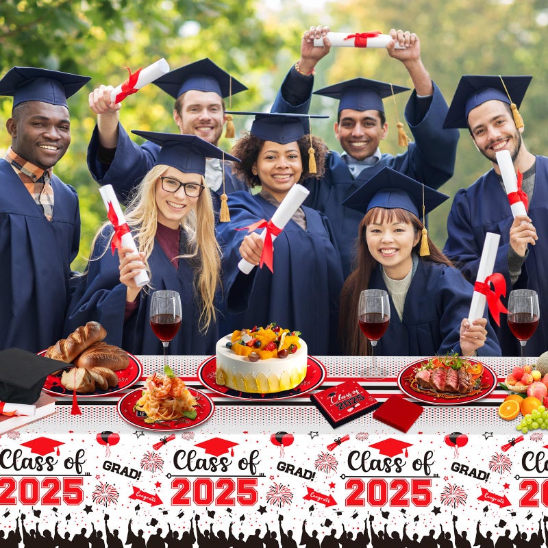 PERFQU Graduation Plates and Napkins 2025 Grad Party Supplies  Class of 2025 Congrats Grad Disposable Paper Plates Cocktail Napkins Set for 2025 Red Black Graduation Party Decorations Sets  Serve 50 - Image 2