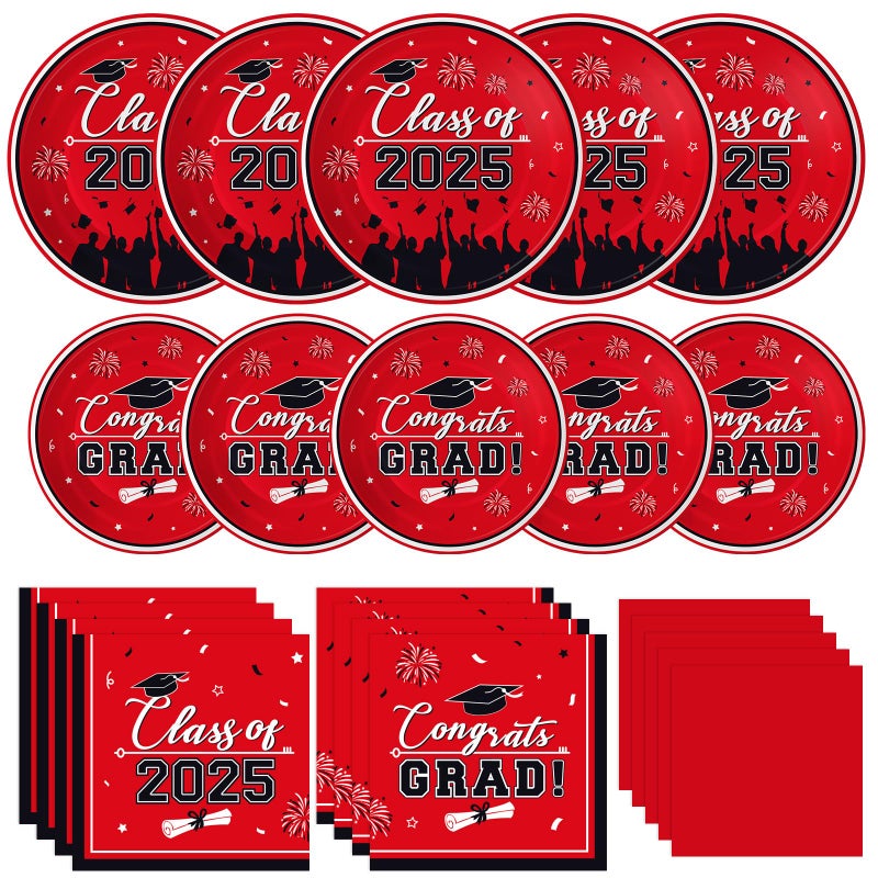 PERFQU Graduation Plates and Napkins 2025 Grad Party Supplies  Class of 2025 Congrats Grad Disposable Paper Plates Cocktail Napkins Set for 2025 Red Black Graduation Party Decorations Sets  Serve 50 - Image 1