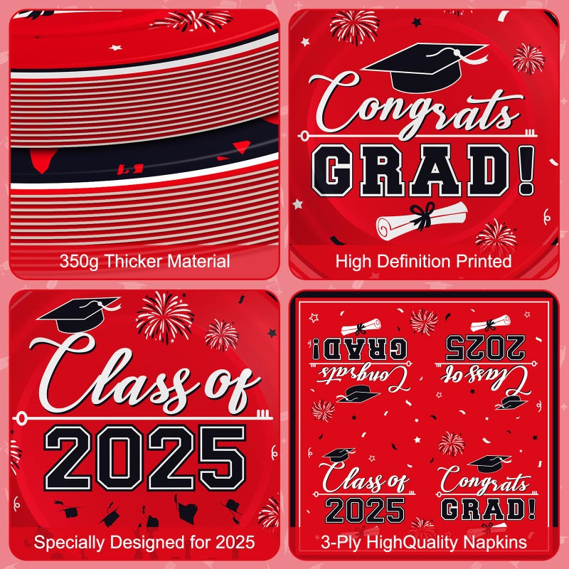 PERFQU Graduation Plates and Napkins 2025 Grad Party Supplies  Class of 2025 Congrats Grad Disposable Paper Plates Cocktail Napkins Set for 2025 Red Black Graduation Party Decorations Sets  Serve 50 - Image 4