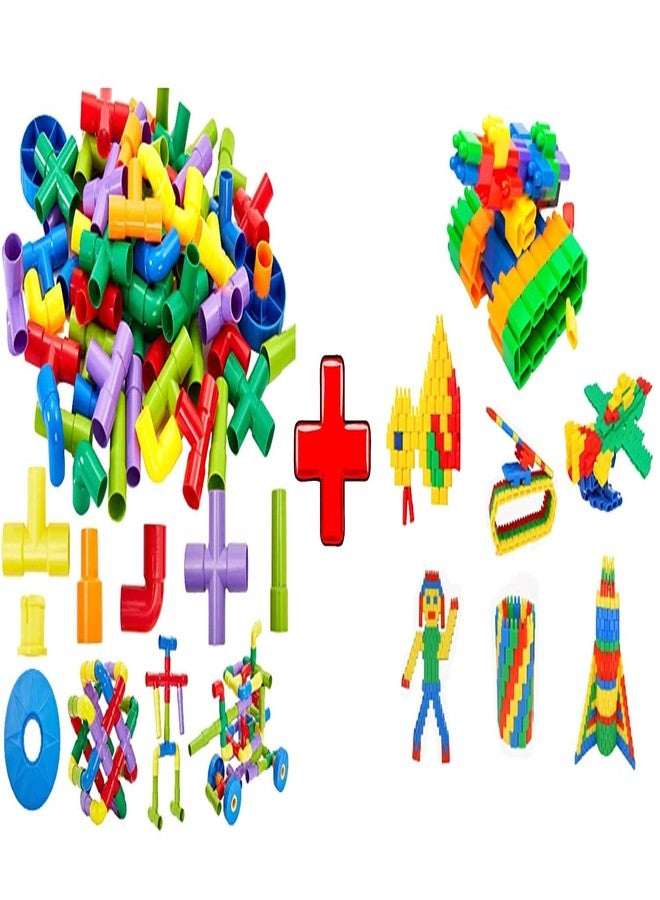 PULSBERY Plastic Kids Building Block Toys Game Playset for 3-8 Years Old Kids Boys & Girls,Random Color (85 Piece Pipe Puzzle+200 Piece Bullet Block) - Image 1