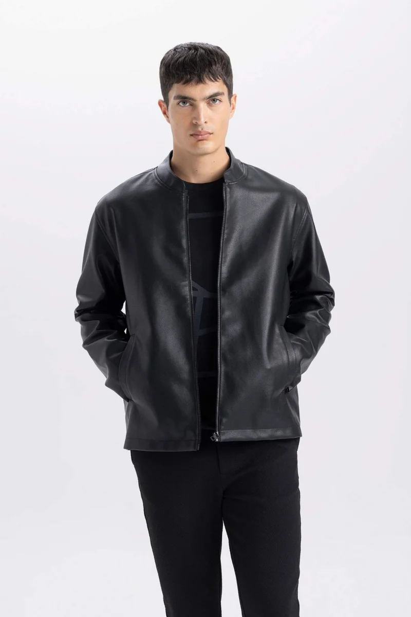 DeFacto Water Repellent Slim Fit Slim Cut Stand Collar Zippered Faux Leather Coat D8525AX25SP