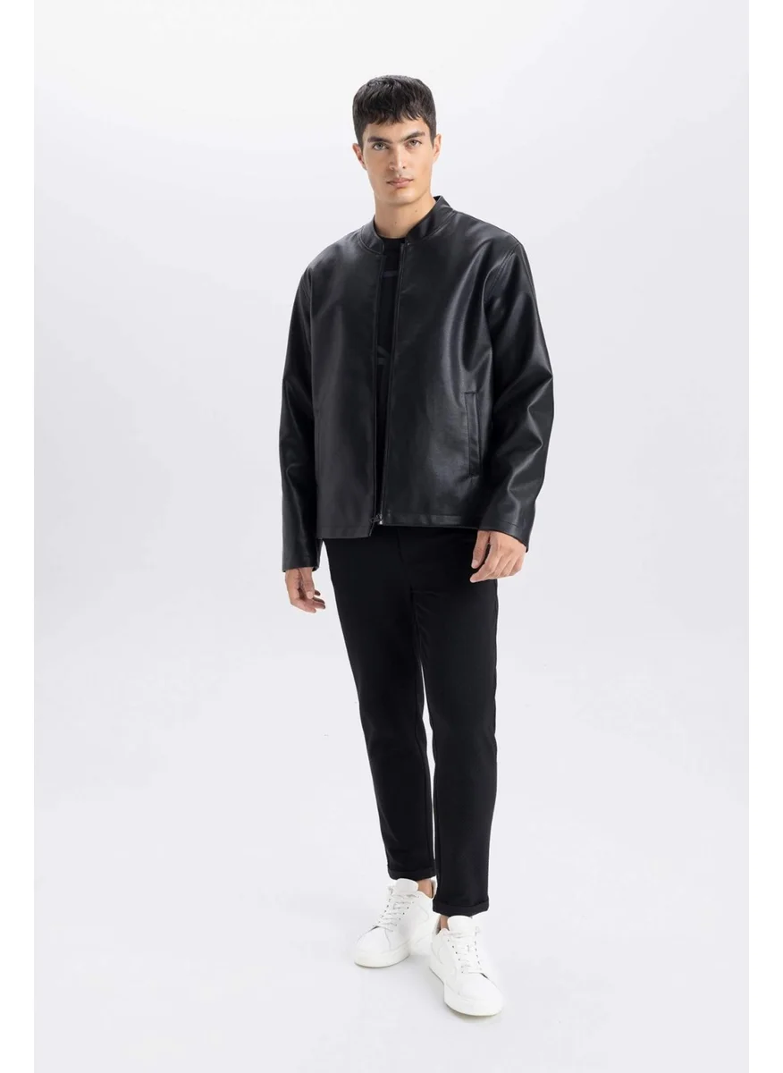 DeFacto Water Repellent Slim Fit Slim Cut Stand Collar Zippered Faux Leather Coat D8525AX25SP