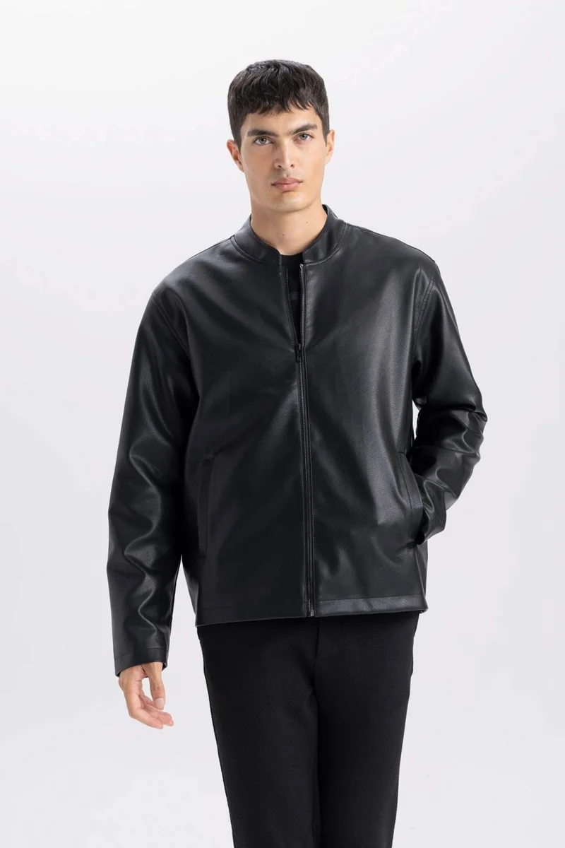 DeFacto Water Repellent Slim Fit Slim Cut Stand Collar Zippered Faux Leather Coat D8525AX25SP