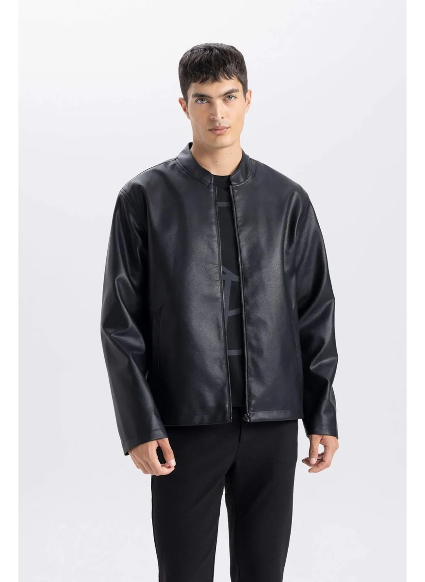 DeFacto Water Repellent Slim Fit Slim Cut Stand Collar Zippered Faux Leather Coat D8525AX25SP