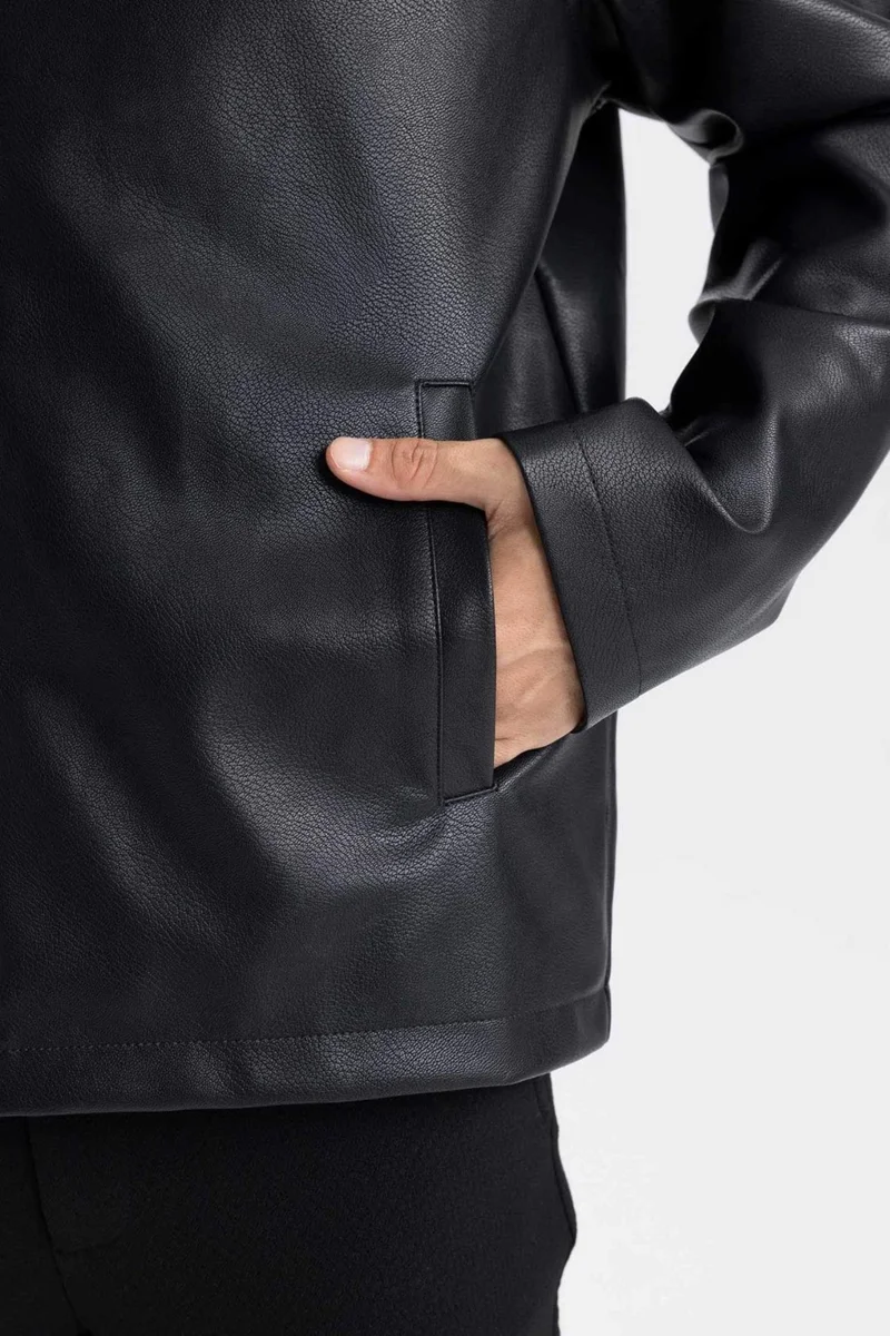 DeFacto Water Repellent Slim Fit Slim Cut Stand Collar Zippered Faux Leather Coat D8525AX25SP
