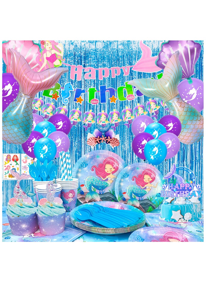 ILovhaprty Mermaid Party Supplies, Mermaid Birthday Decorations&Mermaid Theme Party Tableware Set - Mermaid Plates Napkins Cups Table Cloth Balloons Banner Headband etc Mermaid Party Decorations for Girls  - Image 1