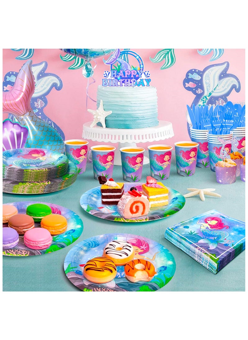 ILovhaprty Mermaid Party Supplies, Mermaid Birthday Decorations&Mermaid Theme Party Tableware Set - Mermaid Plates Napkins Cups Table Cloth Balloons Banner Headband etc Mermaid Party Decorations for Girls  - Image 4