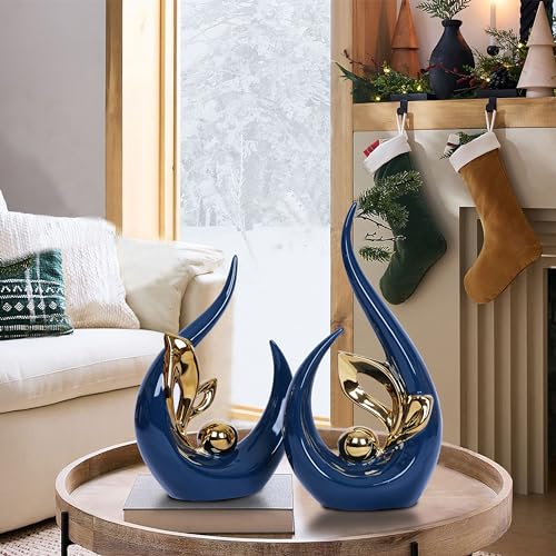 Dlfghos 2 PCS Navy Blue Gold Home Decor Accent Ceramic Statue Abstract Sculpture Centerpieces Mid Century Modern Decor for Tables Coffee Table top Decorations for Living Room Desktop Shelf Dining Room Kitchen - Image 2
