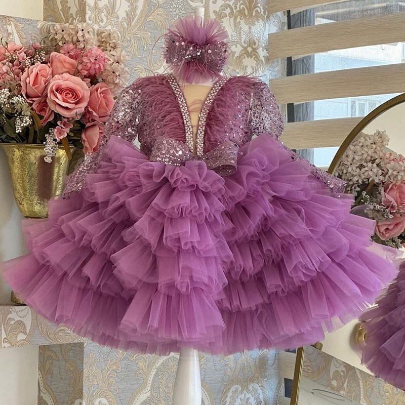 Princess Dress V-Neck Long Sleeve for Girls Purple 
