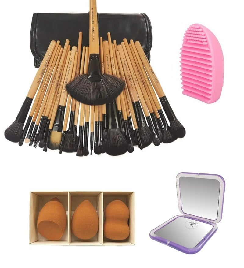 Puna Store Combo Set of 30 Piece Premium Synthetic Makeup Brush Set Bamboo with 3pc Makeup Blender Set Makeup Brush Cleaning Egg Pocket Makeup MirrorCrueltyFree Vegan Brushes - Image 1