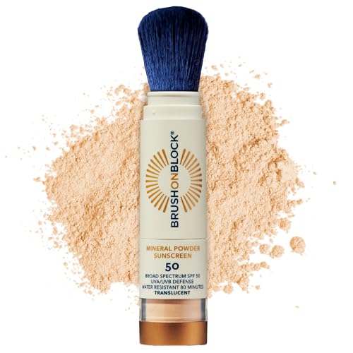 Brush On Block مسحوق واقي شمس معدني SPF 50 بفرشاة، شفاف، طيف واسع، مقاوم للماء لحماية الوجه، لجميع ألوان وأنواع البشرة، صديق للشعاب المرجانية، مصنوع في الولايات المتحدة