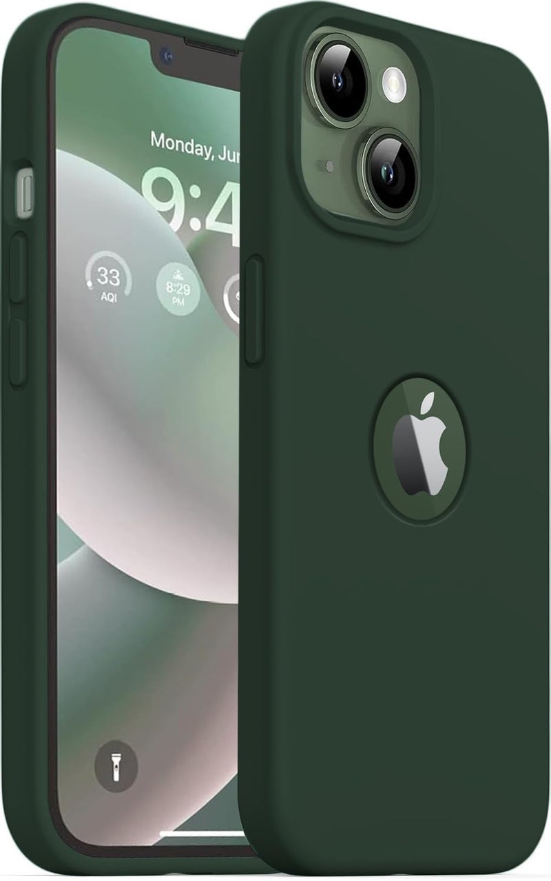 Elzzi غطاء مايكروفايبر مع شعار متوافق مع غلاف آيفون 13، غلاف هاتف سيليكون فاخر غير قابل للانزلاق، غلاف واقي كامل الجسم مضاد للصدمات 6.1 بوصة، أخضر غابة - Image 1
