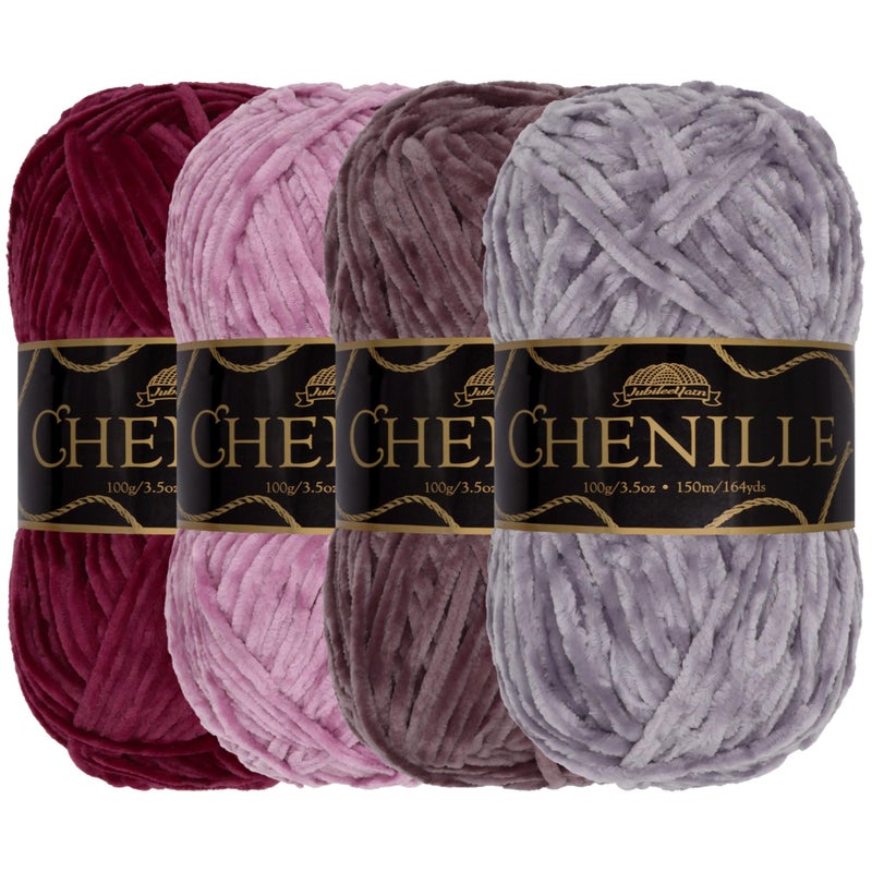 BambooMN JubileeYarn Chenille Yarn - 100g/Skein Worsted Weight - Shades of Purple - Velvet Assorted Colors Pack - 4 Skeins - Image 1