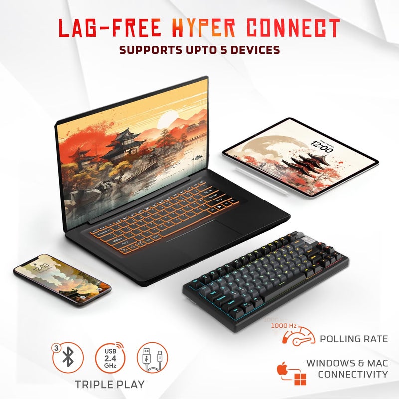 EvoFox Ronin Wireless Mechanical Keyboard (BT+2.4GHz+Wired) | 9 Layer Gasket Structure, Outemu Red Switches, Per-Key RGB, 1000Hz, nKey Rollover, Volume Controller | Windows Software (Black) - Image 3