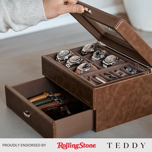 TAWBURY 6 Slot Watch Box for Men - Luxury Watch Jewelry Box for Men with Storage for Sunglasses, Cufflinks | Men's Jewelry Box with Watch Storage | Watch Display Case (Brown) - Image 2