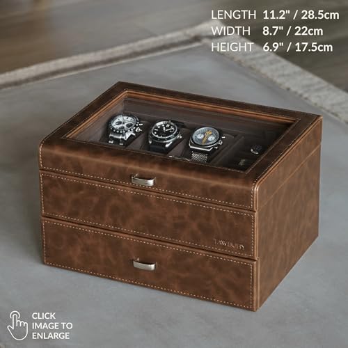 TAWBURY 6 Slot Watch Box for Men - Luxury Watch Jewelry Box for Men with Storage for Sunglasses, Cufflinks | Men's Jewelry Box with Watch Storage | Watch Display Case (Brown) - Image 3