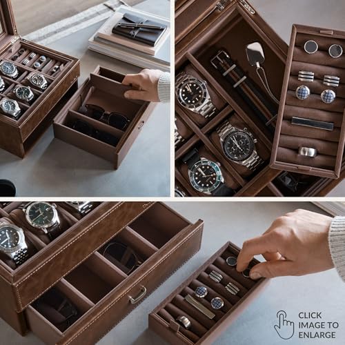 TAWBURY 6 Slot Watch Box for Men - Luxury Watch Jewelry Box for Men with Storage for Sunglasses, Cufflinks | Men's Jewelry Box with Watch Storage | Watch Display Case (Brown) - Image 4