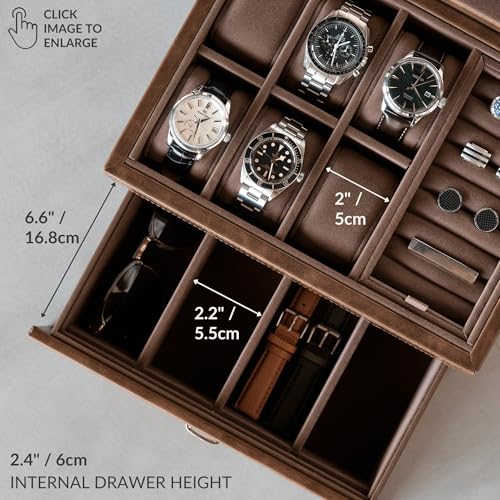 TAWBURY 6 Slot Watch Box for Men - Luxury Watch Jewelry Box for Men with Storage for Sunglasses, Cufflinks | Men's Jewelry Box with Watch Storage | Watch Display Case (Brown) - Image 5