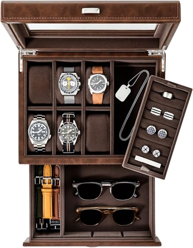 TAWBURY 6 Slot Watch Box for Men - Luxury Watch Jewelry Box for Men with Storage for Sunglasses, Cufflinks | Men's Jewelry Box with Watch Storage | Watch Display Case (Brown) - Image 1