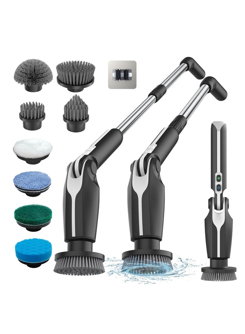 Electric Spin Scrubber, Electric Scrubber with 4 Adjustable Angles and 8 Brush Heads, Shower Scrubber with Long Handle & Remote Control, Cleaning Brush for Bathroom, Tub, Floor(Black)  - Image 1