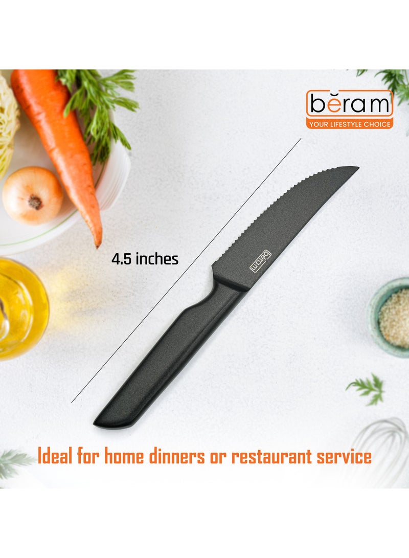 بيرام سكين ستيك بيرام بطول 4.5 بوصة، بنصل مسنن من الفولاذ المقاوم للصدأ 3CR13 مطلي بالتيتانيوم الأسود، مع مقبض من الفولاذ SS430، سكين حاد وعصري ومتین لتقطيع شرائح اللحم واللحوم بسهولة وسلاسة. - Image 2