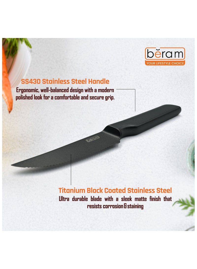بيرام سكين ستيك بيرام بطول 4.5 بوصة، بنصل مسنن من الفولاذ المقاوم للصدأ 3CR13 مطلي بالتيتانيوم الأسود، مع مقبض من الفولاذ SS430، سكين حاد وعصري ومتین لتقطيع شرائح اللحم واللحوم بسهولة وسلاسة. - Image 3