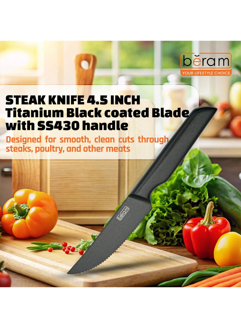 بيرام سكين ستيك بيرام بطول 4.5 بوصة، بنصل مسنن من الفولاذ المقاوم للصدأ 3CR13 مطلي بالتيتانيوم الأسود، مع مقبض من الفولاذ SS430، سكين حاد وعصري ومتین لتقطيع شرائح اللحم واللحوم بسهولة وسلاسة. - Image 4