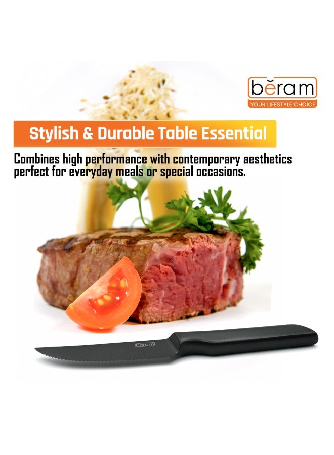 بيرام سكين ستيك بيرام بطول 4.5 بوصة، بنصل مسنن من الفولاذ المقاوم للصدأ 3CR13 مطلي بالتيتانيوم الأسود، مع مقبض من الفولاذ SS430، سكين حاد وعصري ومتین لتقطيع شرائح اللحم واللحوم بسهولة وسلاسة. - Image 5