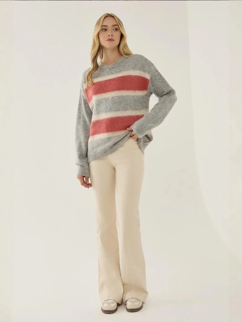 Hiccup Grey Relaxed Fit Colorful Striped Sweater for Women | Best Price UAE