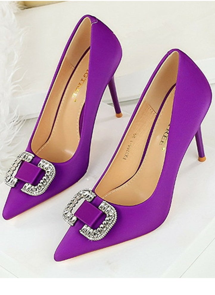 BIGTREE Women's Satin Closed Pointed Toe Stiletto Pump Rhinestone Square Buckle Decoration High Heels Purple 10 CM  - Image 1