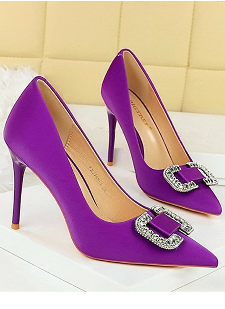 BIGTREE Women's Satin Closed Pointed Toe Stiletto Pump Rhinestone Square Buckle Decoration High Heels Purple 10 CM  - Image 2