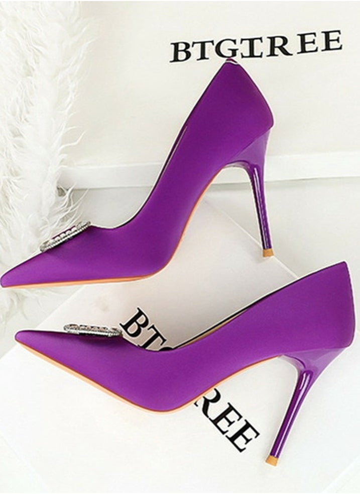 BIGTREE Women's Satin Closed Pointed Toe Stiletto Pump Rhinestone Square Buckle Decoration High Heels Purple 10 CM  - Image 3
