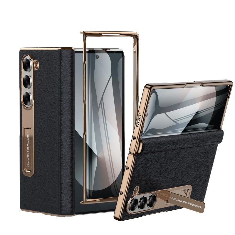 Kalernd for Samsung Galaxy Z Fold 6 Phone Case,Luxury Premier Genuine Leather,Full Body Hinge Protection,Built-in Screen Protector,Kickstand Slim Protective Cover for Galaxy ZFold 6 (Black) - Image 1