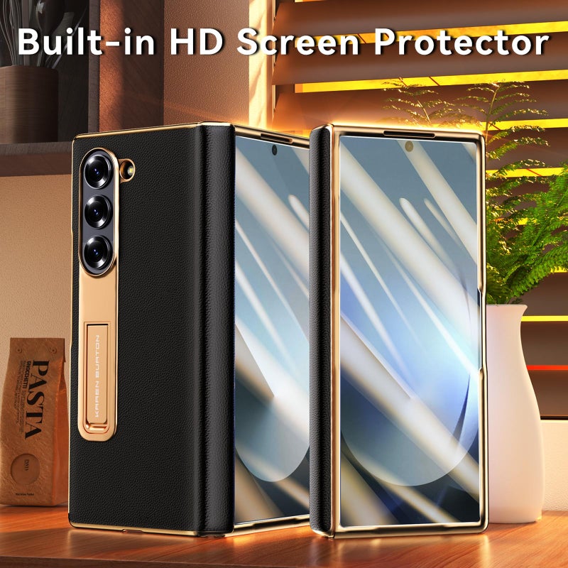 Kalernd for Samsung Galaxy Z Fold 6 Phone Case,Luxury Premier Genuine Leather,Full Body Hinge Protection,Built-in Screen Protector,Kickstand Slim Protective Cover for Galaxy ZFold 6 (Black) - Image 5