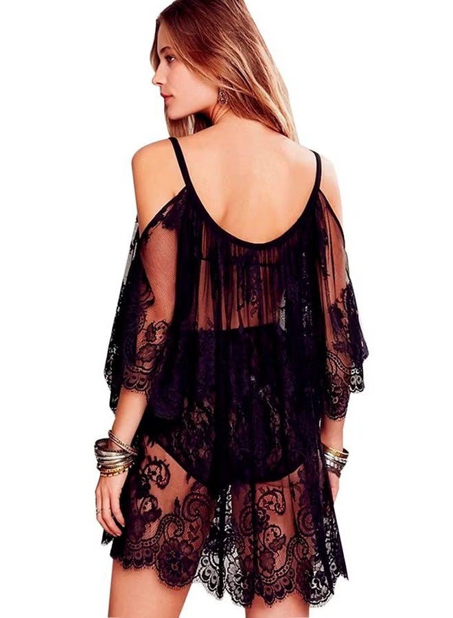 Off Shoulder Bikini Cover Up Beach Dress, Hollow Out Skin-friendly Swimsuit Ups, Outer Smock - Black - Image 2