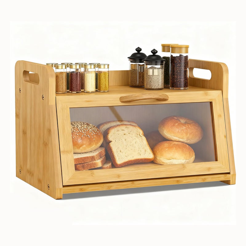 BAMBANG Extra Large Bread Box, Bread Box for Homemade Bread, Bamboo Wooden Bread Storage Container with Tool Holder & Handles & Window, Assembly Required(14.9" x 9.8" x 9.4") Natural - Image 1