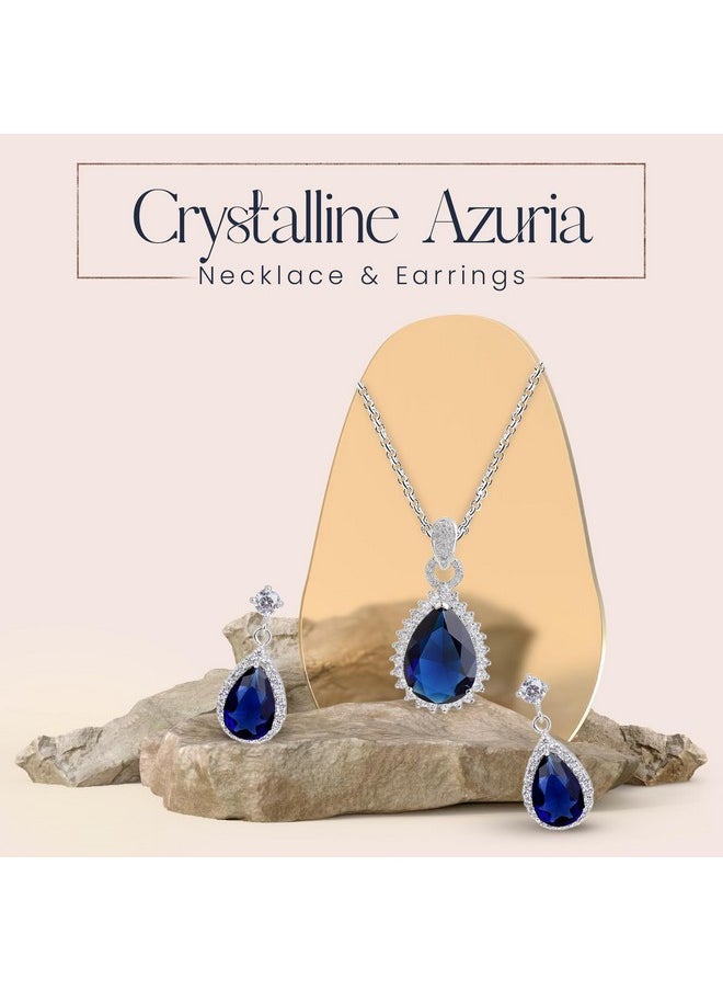 Crystalline Azuria Teardrops Blue Simulated Sapphire Zirconia Crystals Set Pendant Necklace 18 Inches Earrings18K White Gold Plated For Women  - Image 2