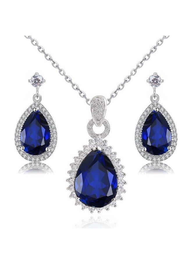 Crystalline Azuria Teardrops Blue Simulated Sapphire Zirconia Crystals Set Pendant Necklace 18 Inches Earrings18K White Gold Plated For Women  - Image 1